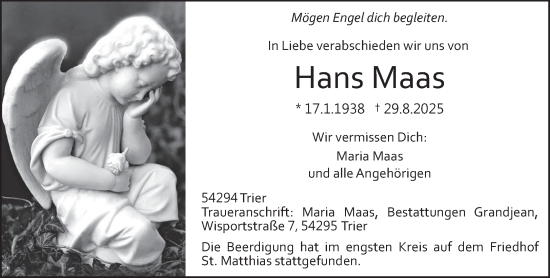 Traueranzeige von Hans Maas von trierischer_volksfreund