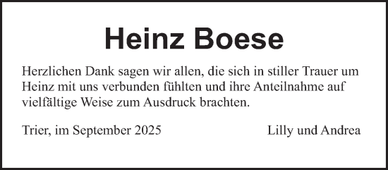 Traueranzeige von Heinz Boese von trierischer_volksfreund