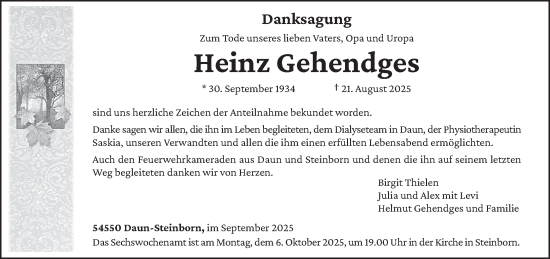 Traueranzeige von Heinz Gehendges von trierischer_volksfreund