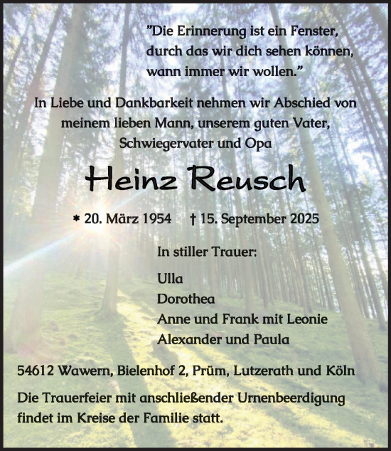 Traueranzeige von Heinz Reusch von trierischer_volksfreund