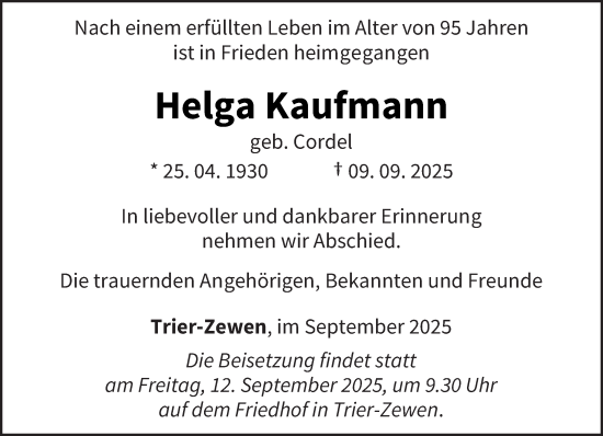 Traueranzeige von Helga Kaufmann von trierischer_volksfreund