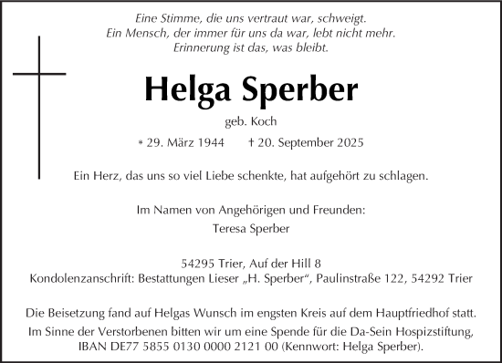 Traueranzeige von Helga Sperber von trierischer_volksfreund