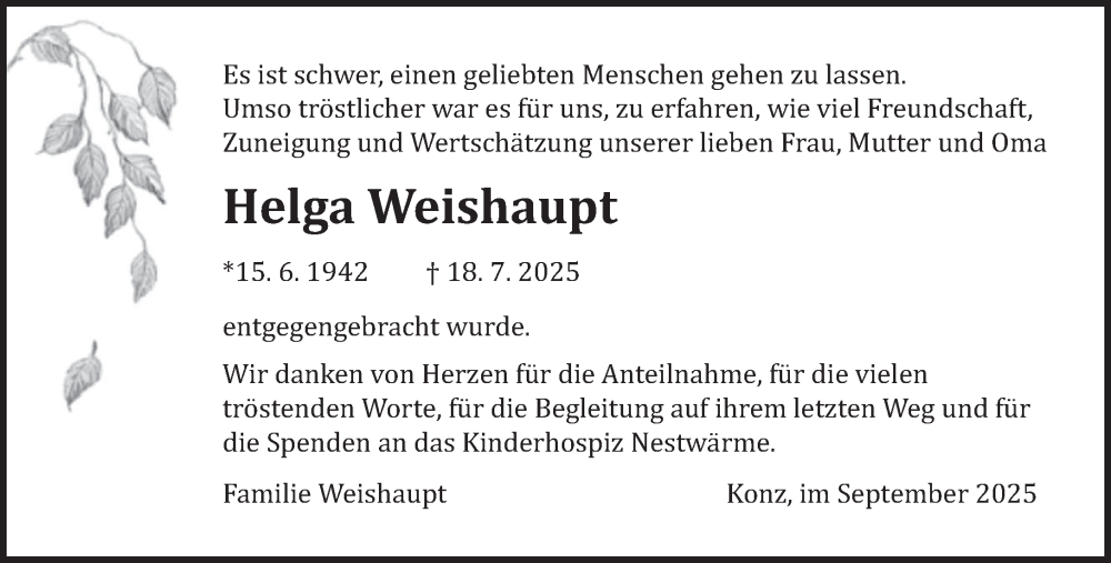 Traueranzeige für Helga Weishaupt vom 06.09.2025 aus trierischer_volksfreund