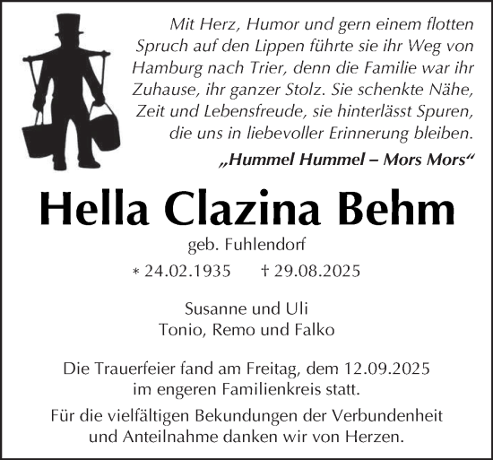 Traueranzeige von Hella Clazina Behm von trierischer_volksfreund