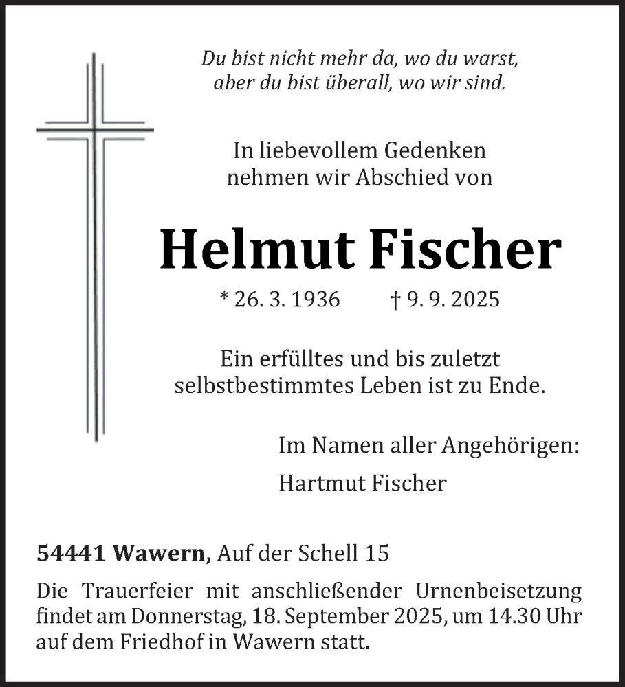  Traueranzeige für Helmut Fischer vom 15.09.2025 aus trierischer_volksfreund