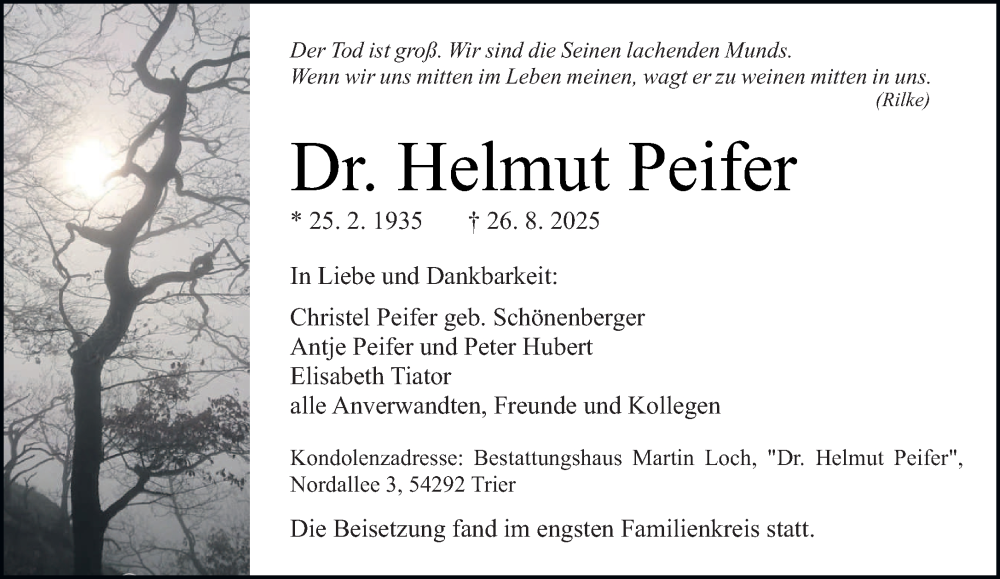  Traueranzeige für Helmut Peifer vom 06.09.2025 aus trierischer_volksfreund