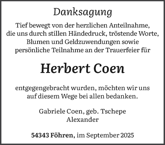 Traueranzeige von Herbert Coen von trierischer_volksfreund