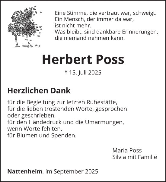 Traueranzeige von Herbert Poss von trierischer_volksfreund