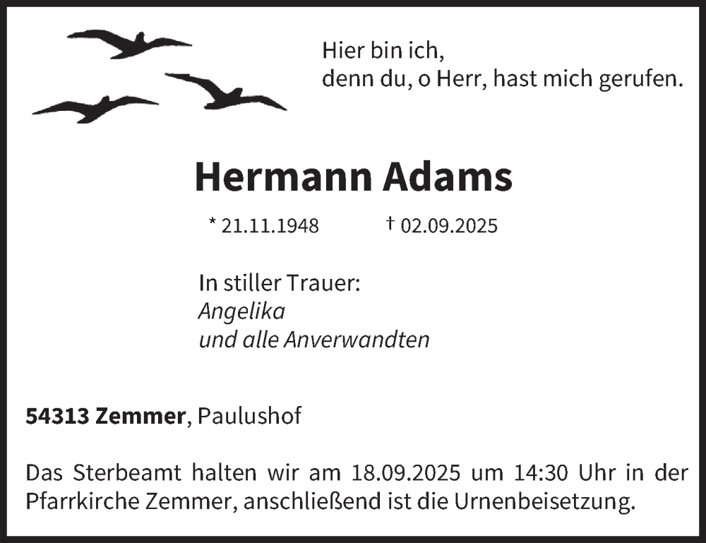  Traueranzeige für Hermann Adams vom 06.09.2025 aus trierischer_volksfreund