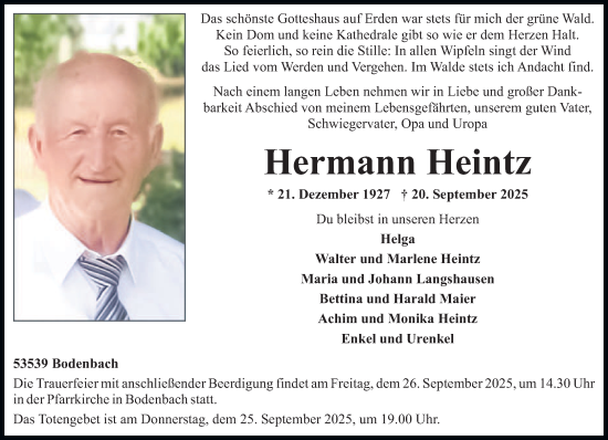 Traueranzeige von Hermann Heintz von trierischer_volksfreund