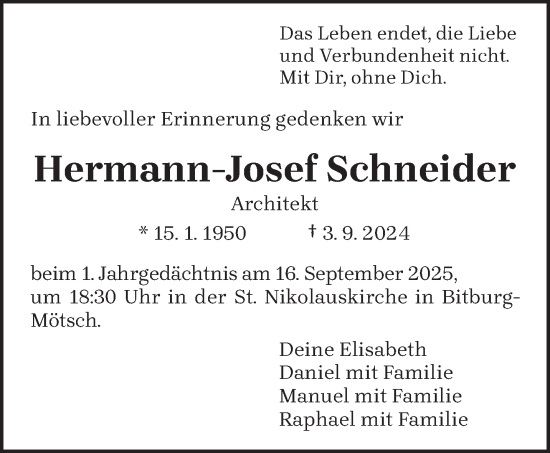 Traueranzeige von Hermann-Josef Schneider von trierischer_volksfreund