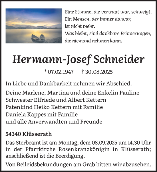 Traueranzeige von Hermann-Josef Schneider von trierischer_volksfreund