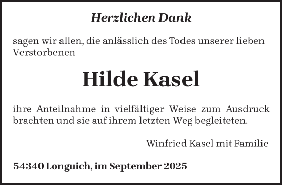 Traueranzeige von Hilde Kasel von trierischer_volksfreund