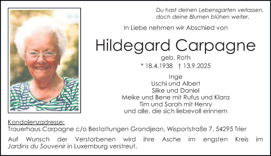 Traueranzeige von Hildegard Carpagne von trierischer_volksfreund