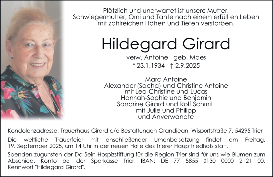 Traueranzeige von Hildegard Girard von trierischer_volksfreund