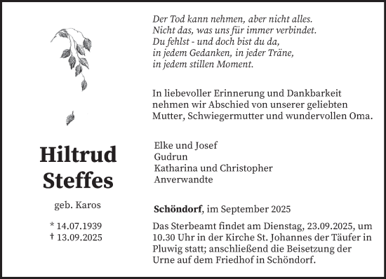 Traueranzeige von Hiltrud Steffes von trierischer_volksfreund