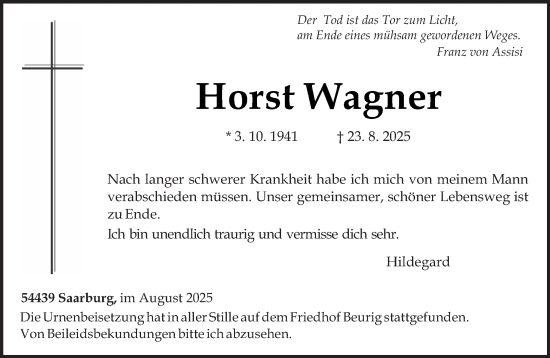 Traueranzeige von Horst Wagner von trierischer_volksfreund
