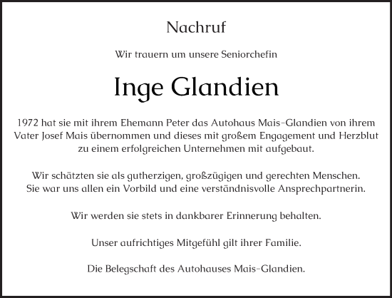 Traueranzeige von Inge Glandien von trierischer_volksfreund