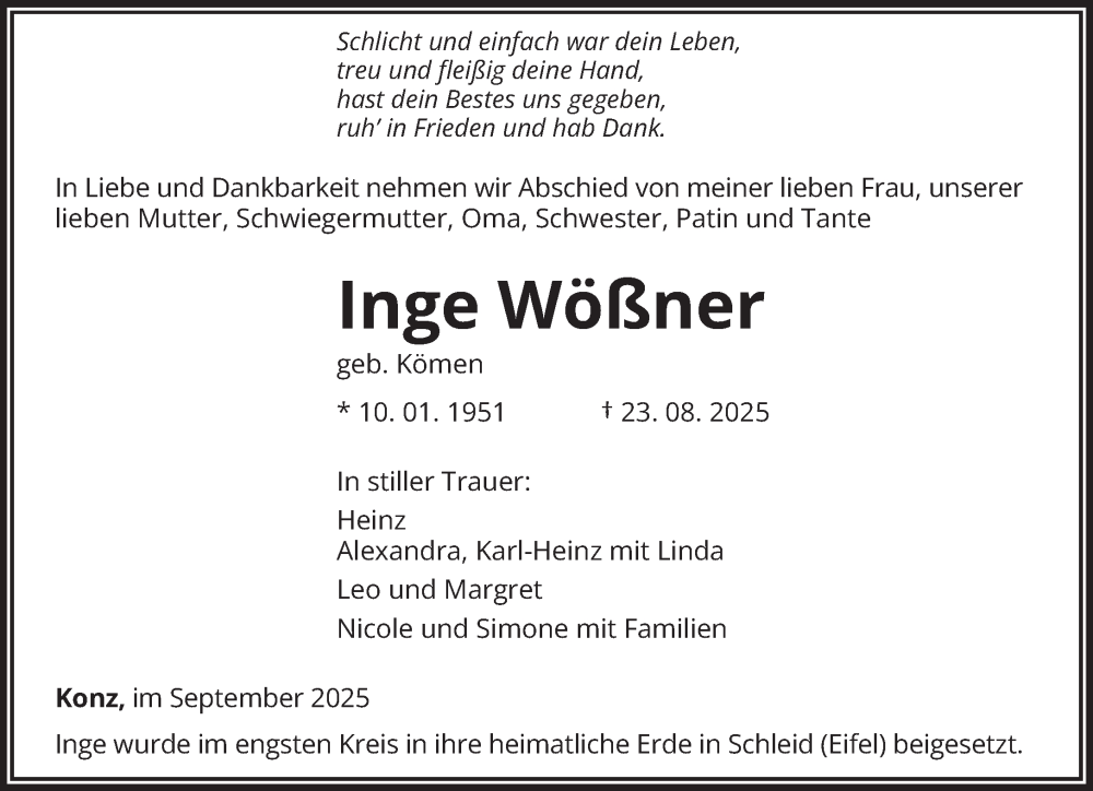  Traueranzeige für Inge Wößner vom 03.09.2025 aus trierischer_volksfreund