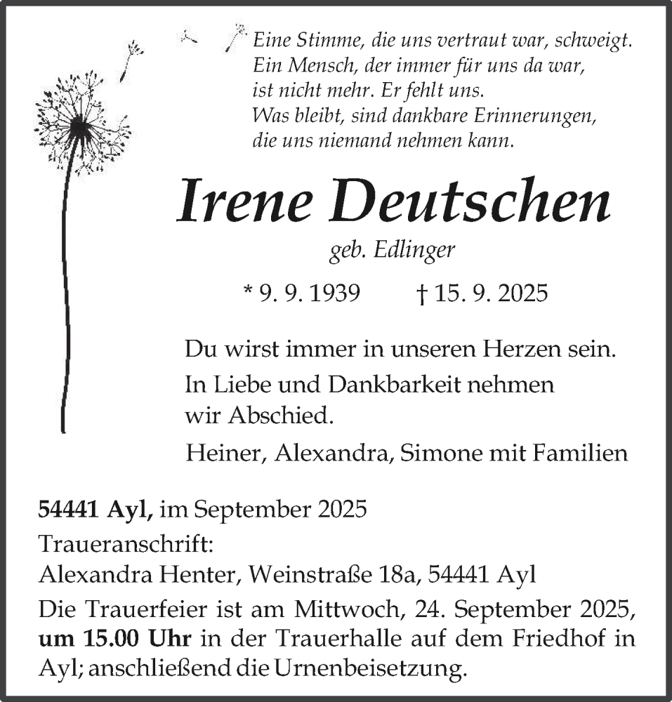  Traueranzeige für Irene Deutschen vom 20.09.2025 aus trierischer_volksfreund