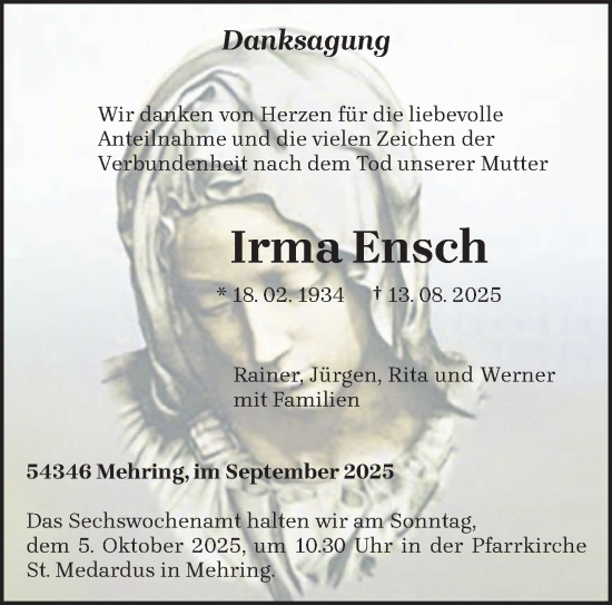 Traueranzeige von Irma Ensch von trierischer_volksfreund