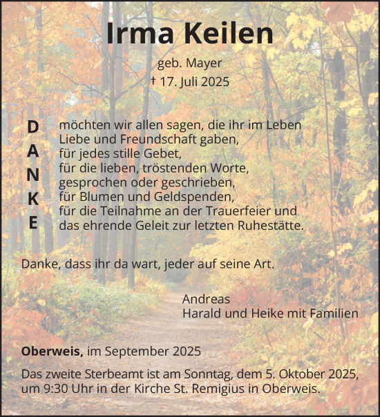 Traueranzeige von Irma Keilen von trierischer_volksfreund