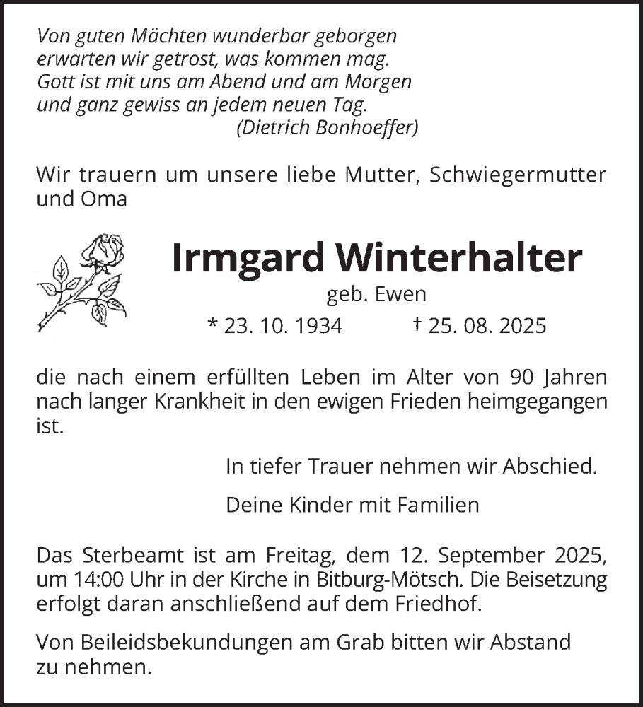  Traueranzeige für Irmgard Winterhalter vom 06.09.2025 aus trierischer_volksfreund