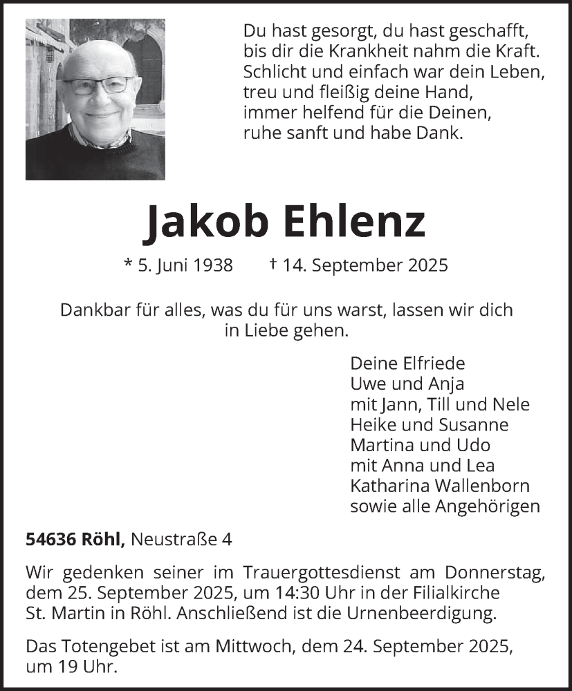  Traueranzeige für Jakob Ehlenz vom 20.09.2025 aus trierischer_volksfreund