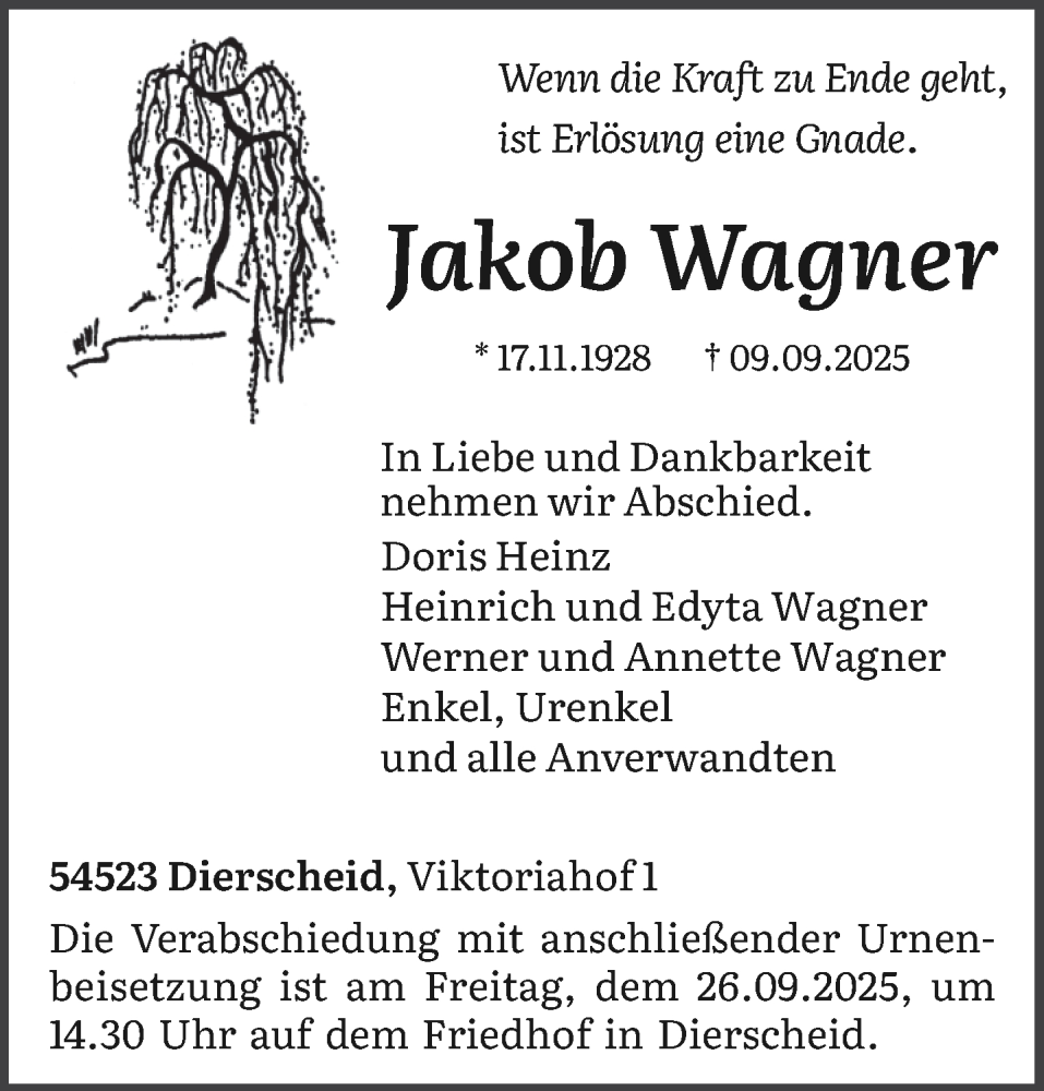  Traueranzeige für Jakob Wagner vom 20.09.2025 aus trierischer_volksfreund