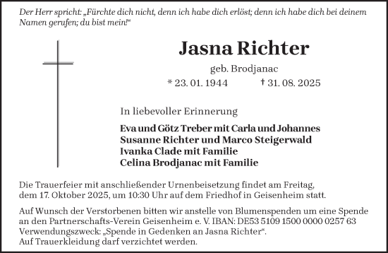 Traueranzeige von Jasna Richter von trierischer_volksfreund