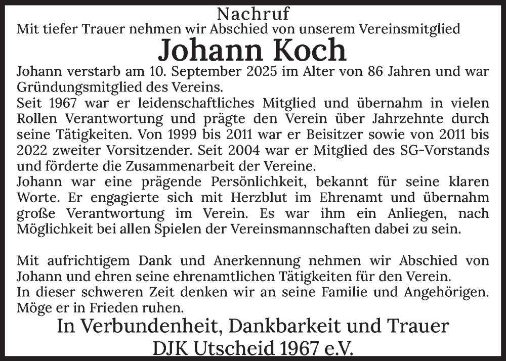  Traueranzeige für Johann Koch vom 16.09.2025 aus trierischer_volksfreund