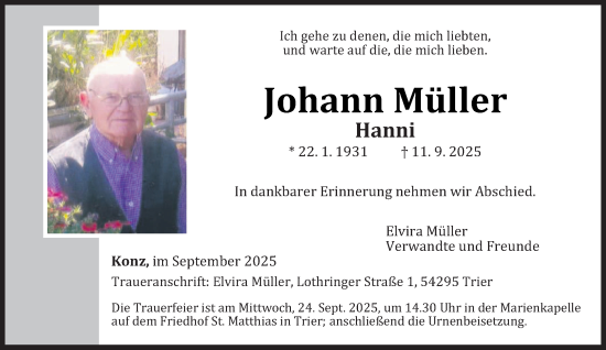 Traueranzeige von Johann Müller von trierischer_volksfreund
