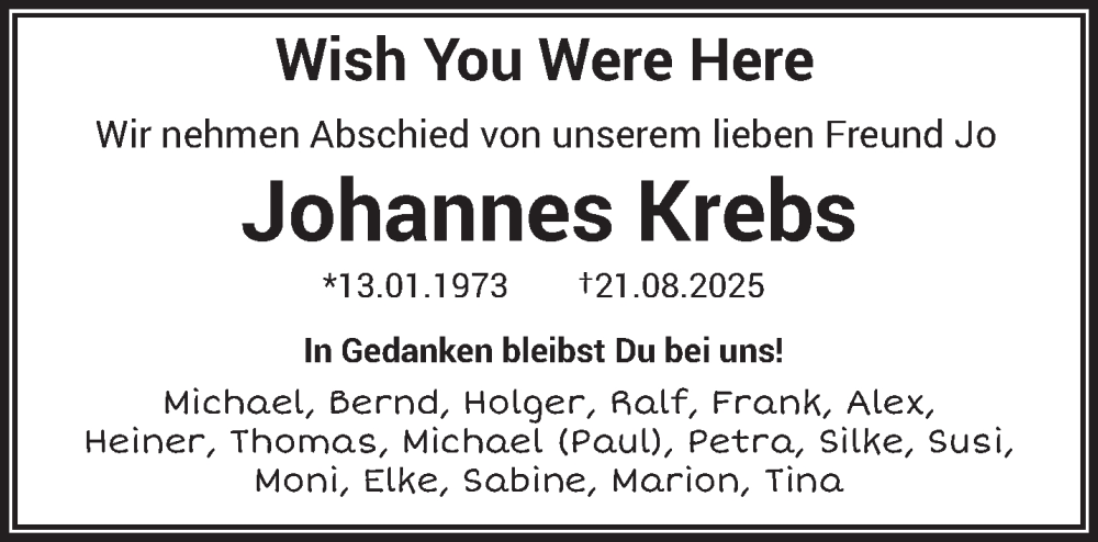  Traueranzeige für Johannes Krebs vom 06.09.2025 aus trierischer_volksfreund