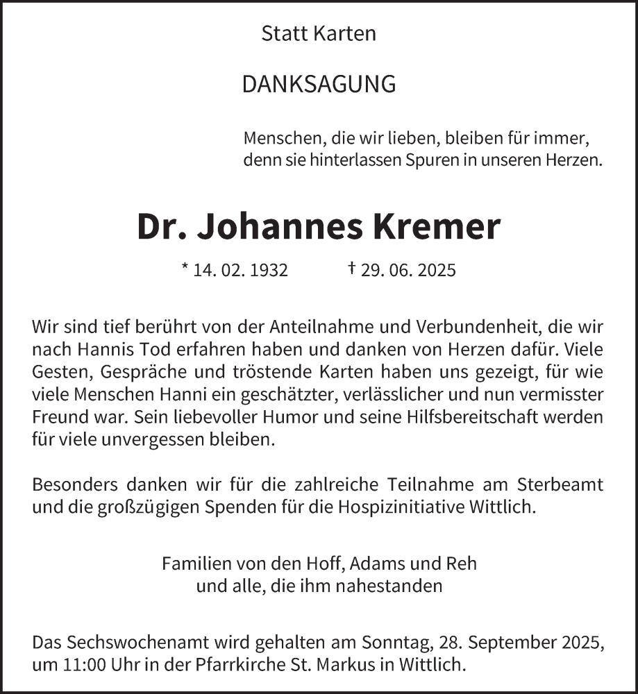  Traueranzeige für Johannes Kremer vom 13.09.2025 aus trierischer_volksfreund