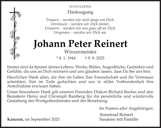 Traueranzeige von Johann Peter Reinert von trierischer_volksfreund