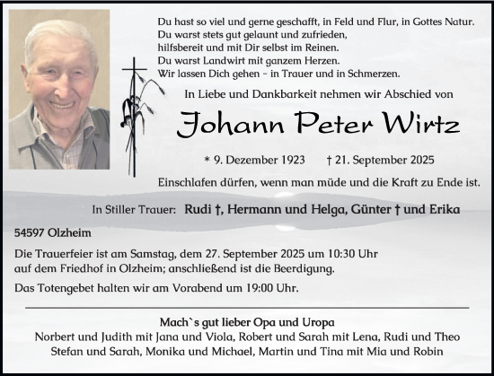 Traueranzeige von Johann Peter Wirtz von trierischer_volksfreund