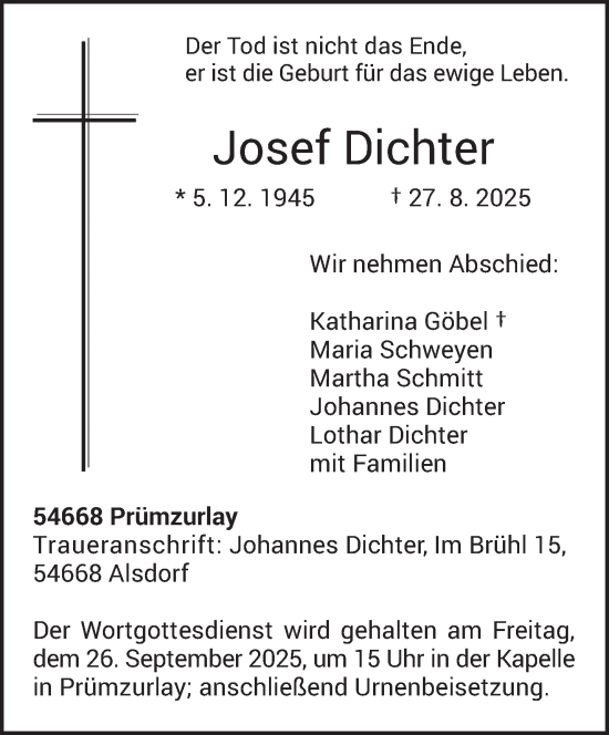 Traueranzeige von Josef Dichter von trierischer_volksfreund