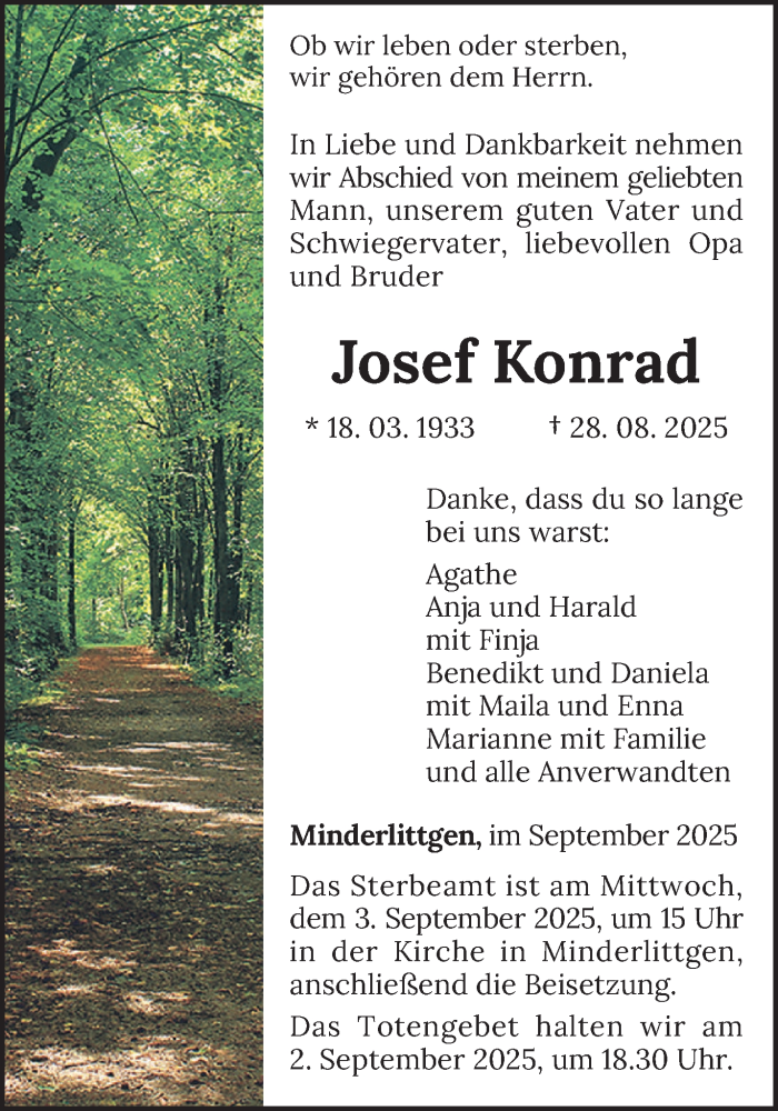  Traueranzeige für Josef Konrad vom 01.09.2025 aus trierischer_volksfreund