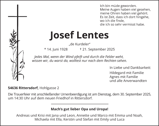 Traueranzeige von Josef Lentes von trierischer_volksfreund