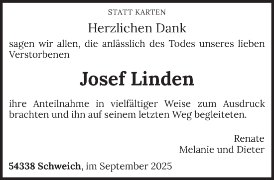 Traueranzeige von Josef Linden von trierischer_volksfreund