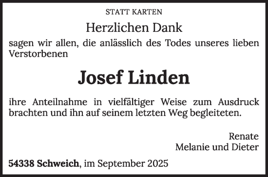 Traueranzeige von Josef Linden von trierischer_volksfreund