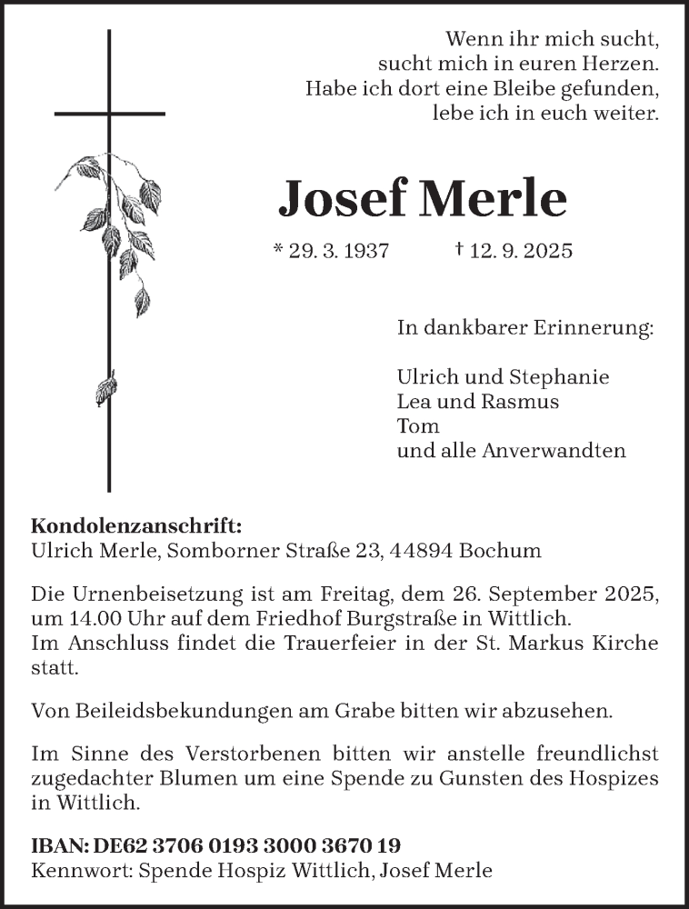  Traueranzeige für Josef Merle vom 20.09.2025 aus trierischer_volksfreund