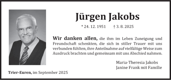 Traueranzeige von Jürgen Jakobs von trierischer_volksfreund