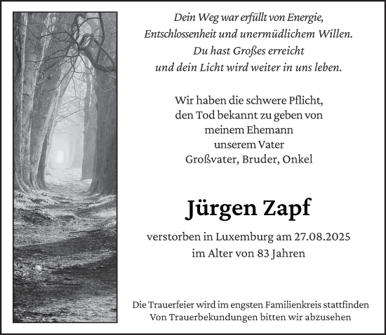 Traueranzeige von Jürgen Zapf von trierischer_volksfreund