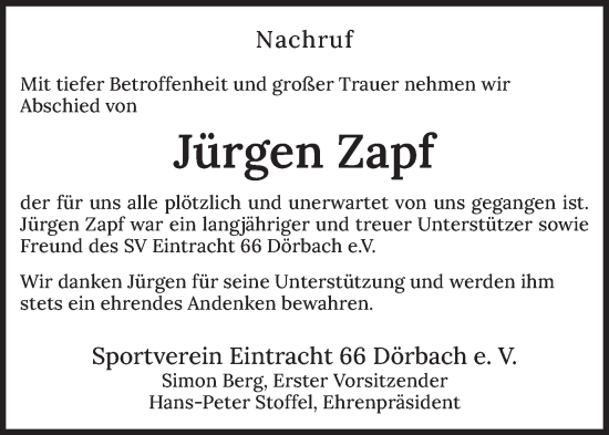 Traueranzeige von Jürgen Zapf von trierischer_volksfreund