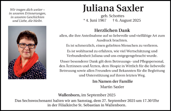 Traueranzeige von Juliana Saxler von trierischer_volksfreund