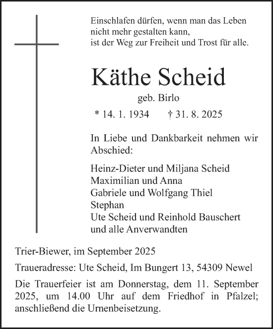 Traueranzeige von Käthe Scheid von trierischer_volksfreund