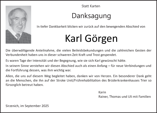 Traueranzeige von Karl Görgen von trierischer_volksfreund