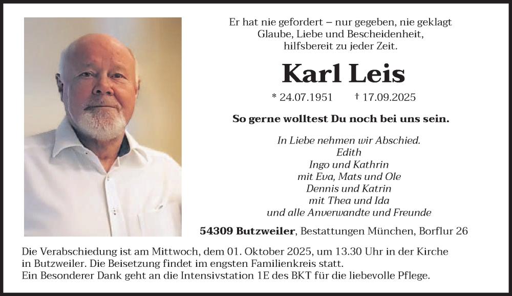  Traueranzeige für Karl Leis vom 27.09.2025 aus trierischer_volksfreund