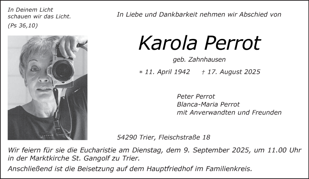  Traueranzeige für Karola Perrot vom 03.09.2025 aus trierischer_volksfreund